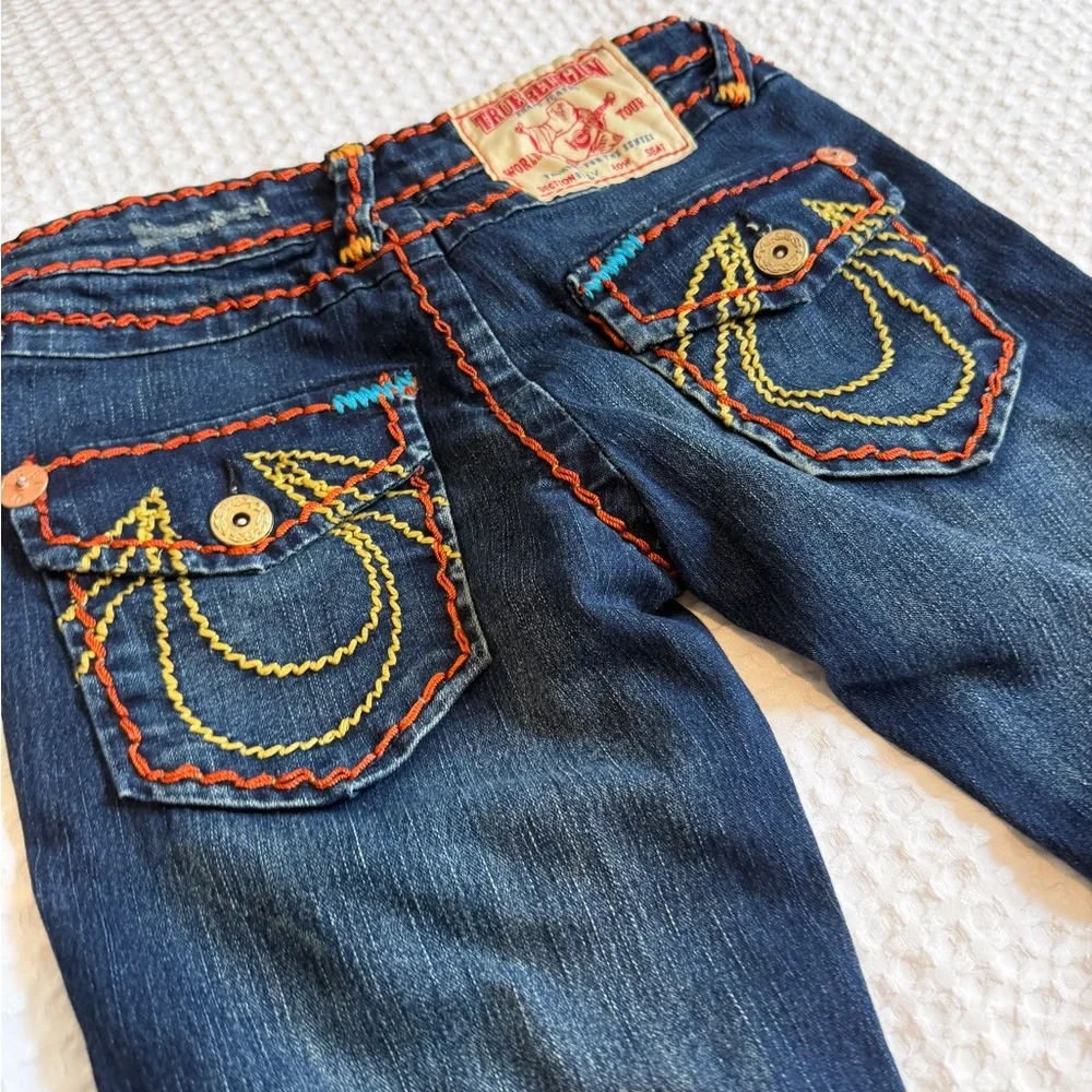 True Religion Dark Blue Yellow & Orange Embroidered Jeans - Picture 1 of 7
